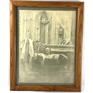 Vintage R. Hendrickson Signed Art Print Framed Rustic Wash Tub Scene 12.5x15.5